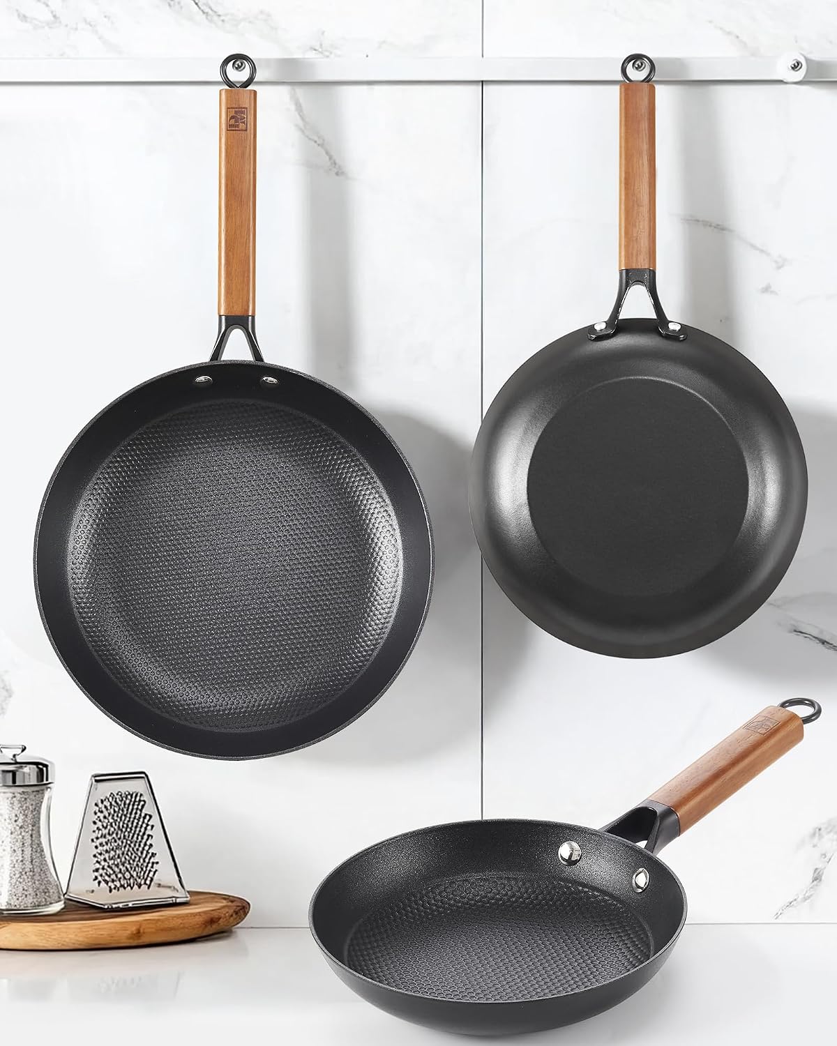 DM Cast Iron Skillet, 2 Piece Nonstick Frying Pan Set, 8 and 12 Inch with Detachable Acacia Wooden Handle, Honeycomb Non stick Omelet Egg Pan, Easy Clean Oven Safe Pans for Cooking