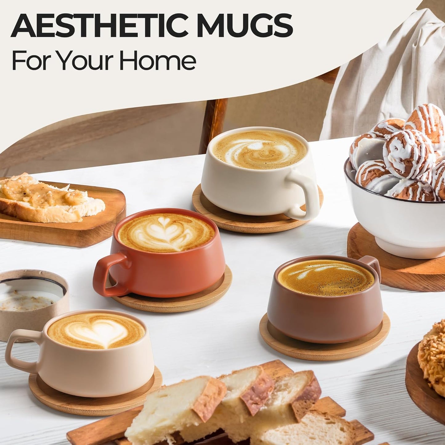 MIAMIO - Cappuccino Cup Set of 4, Ceramic (9.5oz) - Luxe (Beige Pastel) | Ceramic cappuccino cups and saucers, wide latte cups and mugs for Americano, 4-piece set of ceramic cups - dishwasher safe