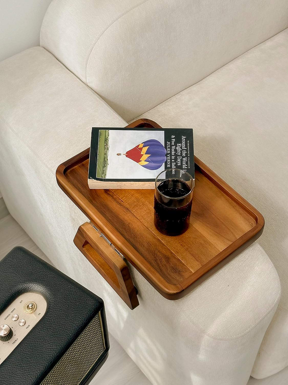 TINAMO Large Acacia Wood Couch Arm Table, Fits Most Sofas, 13.75" x 9.5" | Solid Acacia Wood Construction, Spacious Display Surface, Clips Securely with Grip, Foldable &amp; Portable, No Assembly Needed