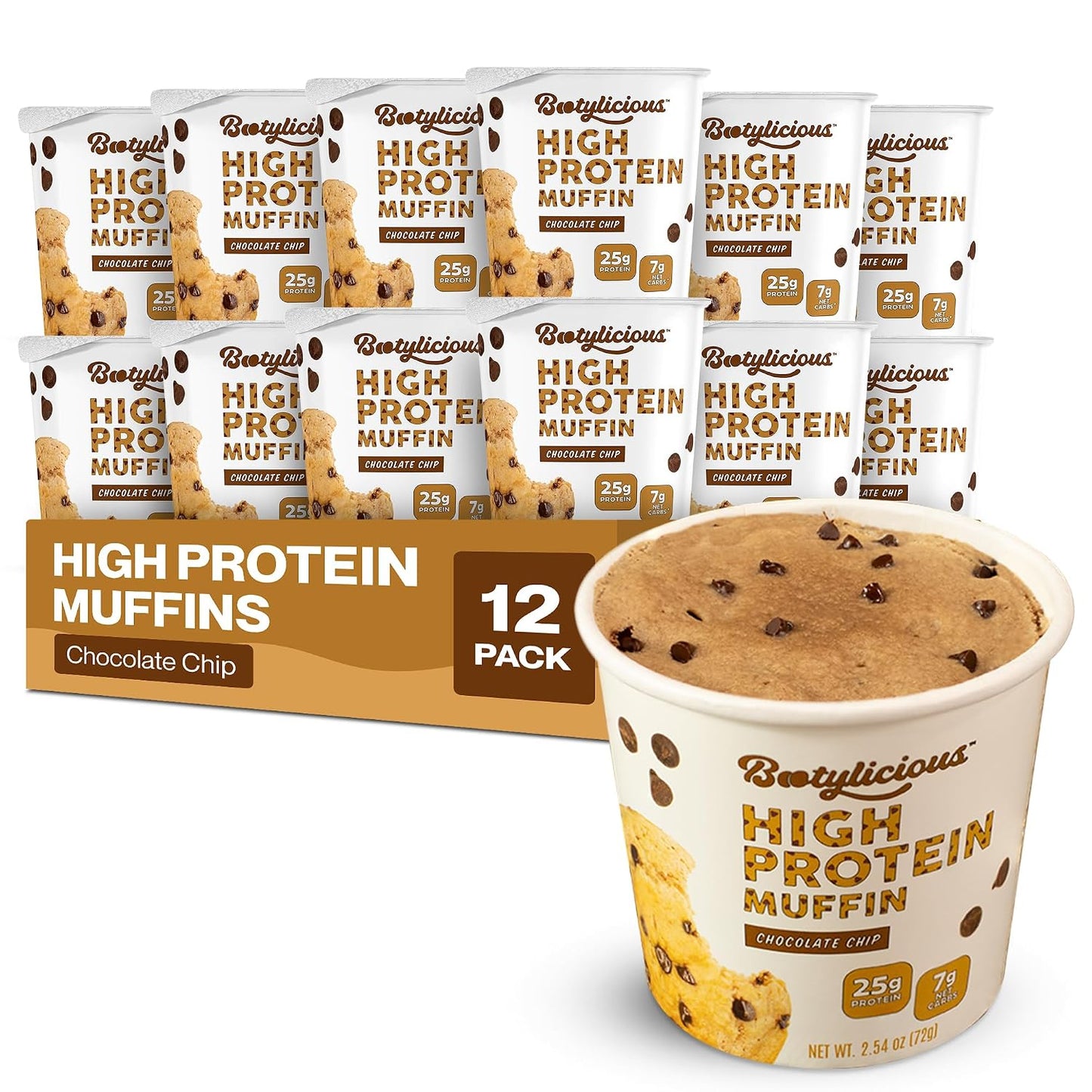 Bootylicious Protein Muffin, Chocolate Chip, 12-Pack | 25g Protein, High Fiber, 7g Net Carbs*, 200 Calories or Less