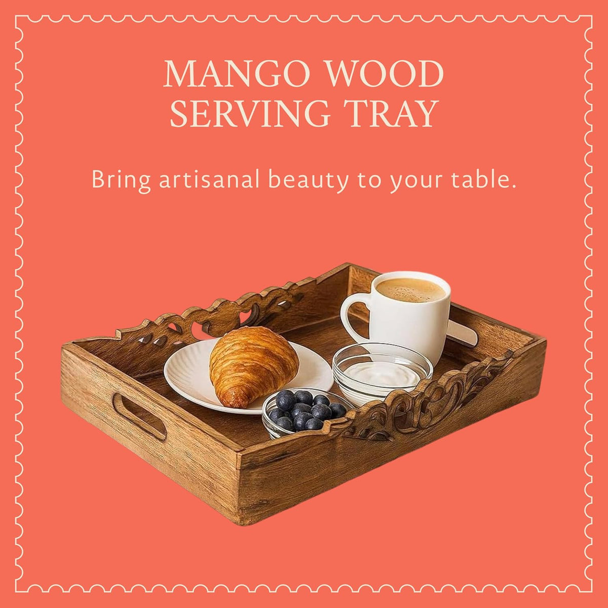 Mela Artisans Orchid Mango Wood Serving Tray - Medium Burnt, 16x12 in | Handcrafted serving tray board with handles for breakfast, coffee and home décor, utilizing built-in base felt pads.