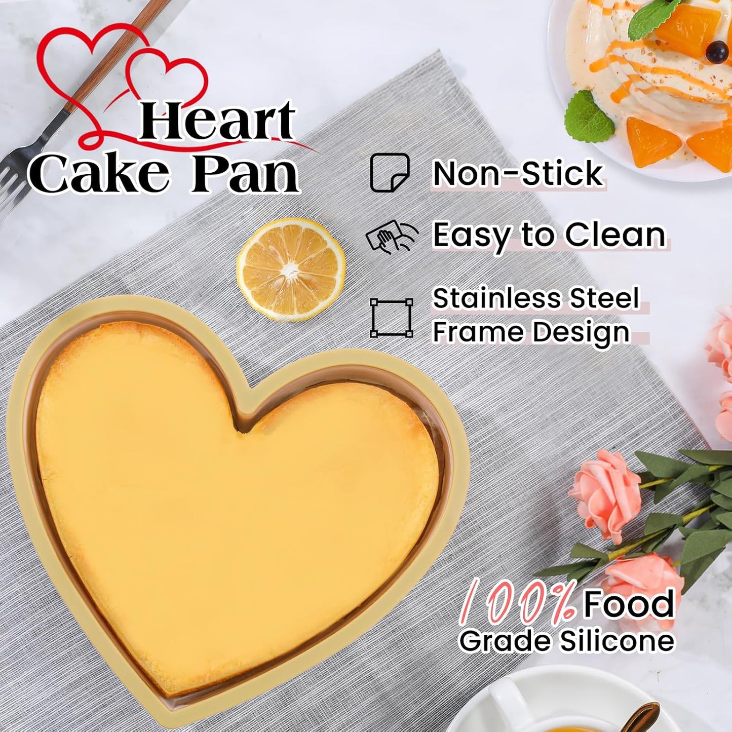 FUNBAKY Metal Reinforced Frame Silicone Heart Shaped Cake Pans - 10 Inch, Nonstick Molds for Cake Pan, Reusable and Easy to Release, Food Grade Silicone for Oven, Dishwasher, Freezer (2 Pack)
