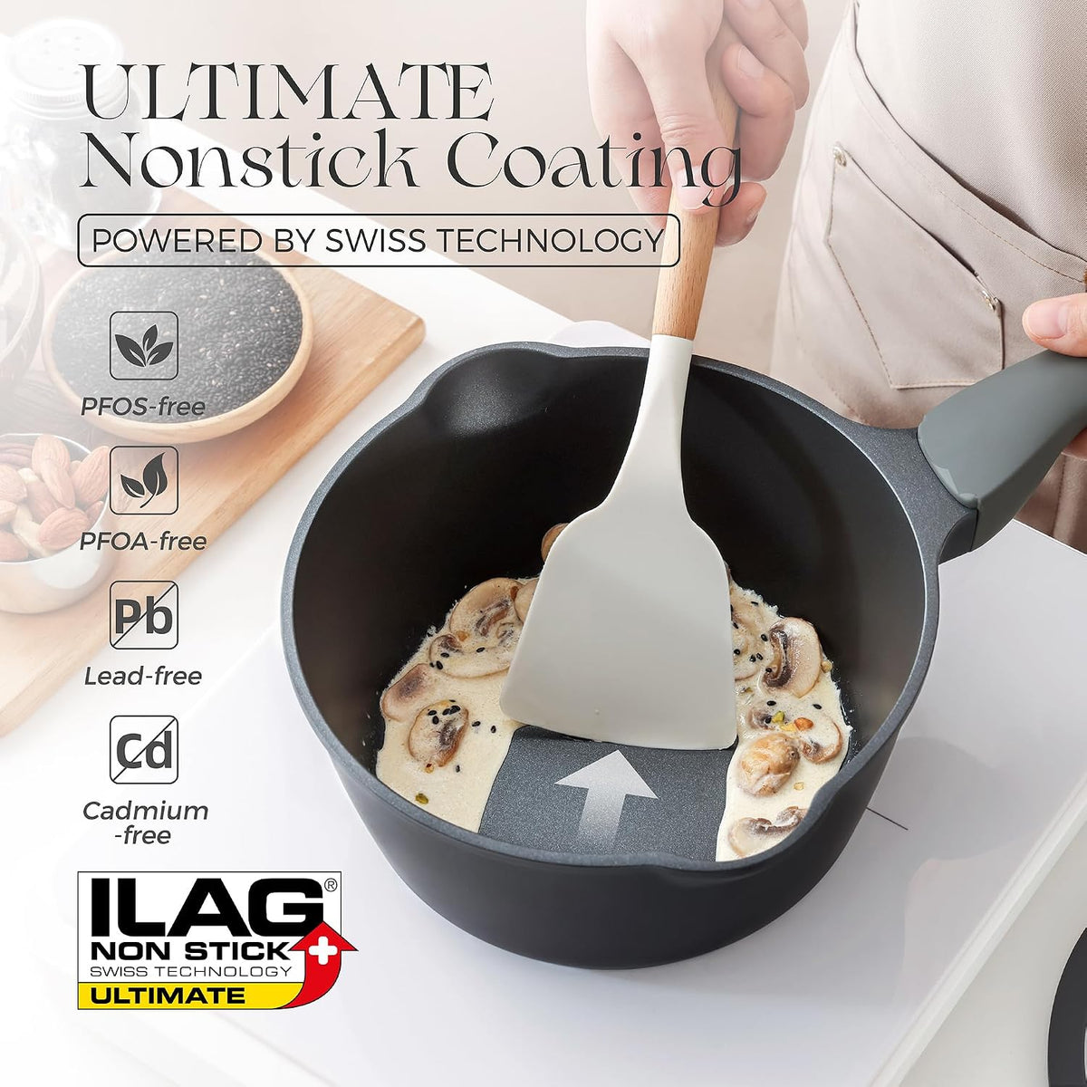 PRICUSIS Nonstick Saucepan with Lid, 2.7 Quart Non Toxic Pot with Pour Spouts, Full Coated, 100% Dishwasher Safe, Induction Compatible & Oven Safe, PTFE & PFOA Free, Black Sesame