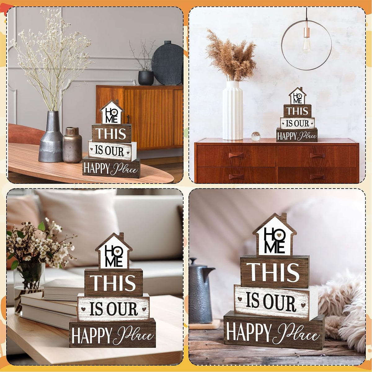 Cinnvoice 4 Pcs Farmhouse Table Decoration Rustic Sign Block,Vintage Home | This Is Our Happy Place Wood Sign, Home Tabletop Centerpiece, Modern Farmhouse Decor for Home Kitchen Shelf Tier Tray Decor