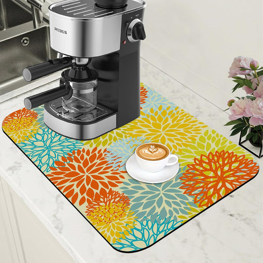 Orange and Blue Chrysanthemum Flower Coffee Mat Absorbent Dish Drying Mat Hide Stain Rubber Backed Coffee Bar Accessories