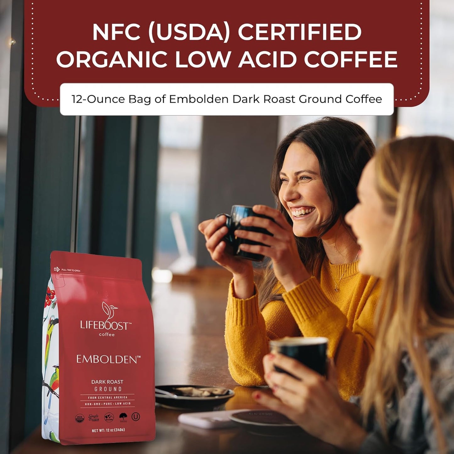 Lifeboost Dark Roast Ground Coffee - Non-GMO Low Acid Single Origin USDA Organic Dark Roast Coffee - Third Party Tested For Mycotoxins &amp; Pesticides - 12 Ounces