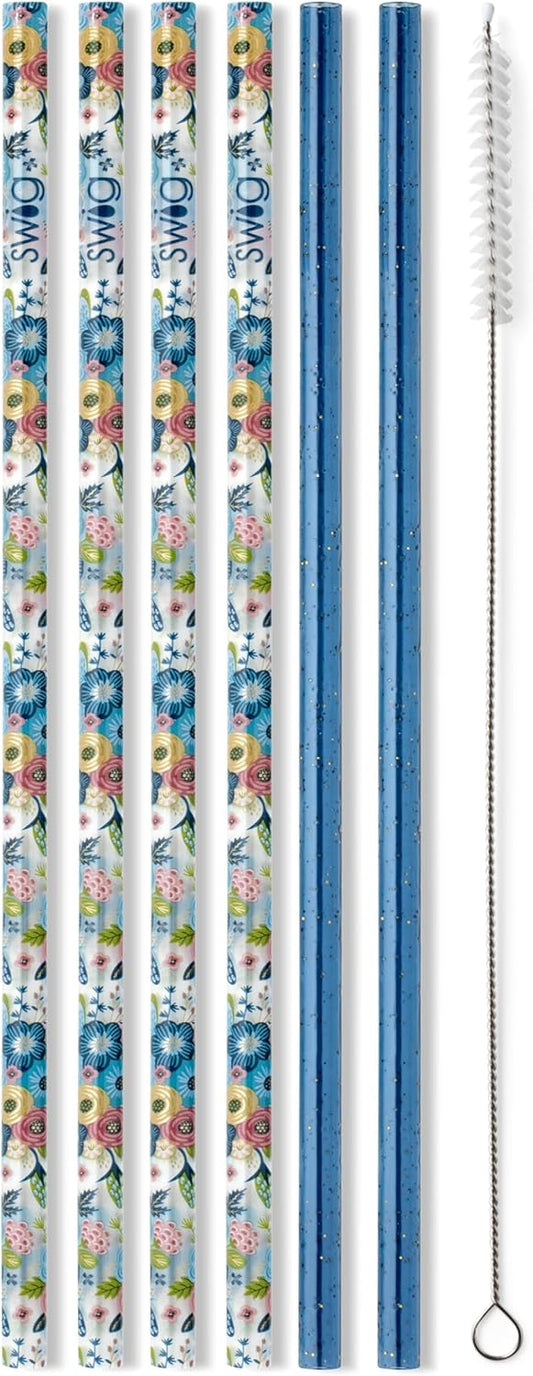 Swig Life Reusable Straws Bella Rosa + Navy Glitter Tall Straw Set & Cleaning Brush, Each Straw is 10.25 inch Long (Fits