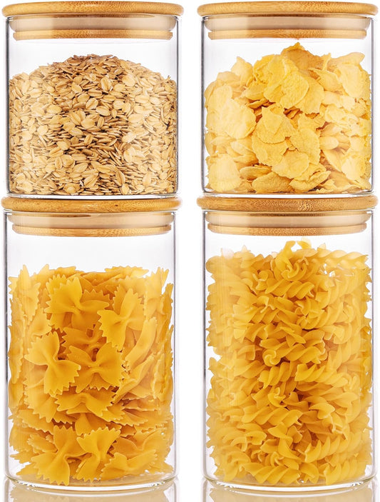 32oz & 21oz - 4 Pack Glass Jars with Bamboo Lids, Glass Pantry Storage Containers with Airtight Lids, Round Air Tigh Food