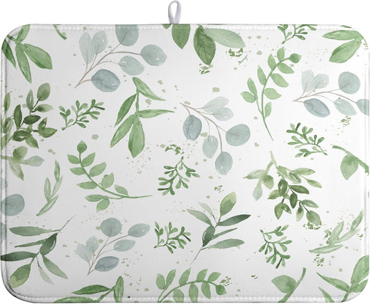 Summer Sage Green Leaves Dish Drying Mat Spring Eucalyptus Leaf Kitchen Dish Drying Pad Absorbent Dish Dryer Mat for Kitchen