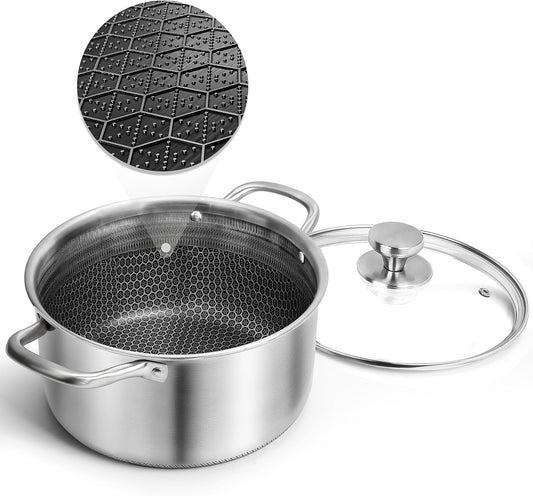 AuFranc™ Hybrid Nonstick 6 Quart Stainless Steel Stockpot with Glass Lid, Induction Stock Pot with Honeycomb Carving, Non-stick Soup Pot Compatible with All Cooktops, Non-Toxic, Dishwasher & Oven Safe