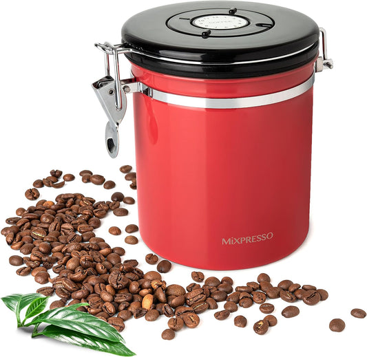 Mixpresso 16 Oz Red Coffee Canister, Stainless Steel Airtight Coffee Container, Air tight Jar Tea Storage with Date Tracker,