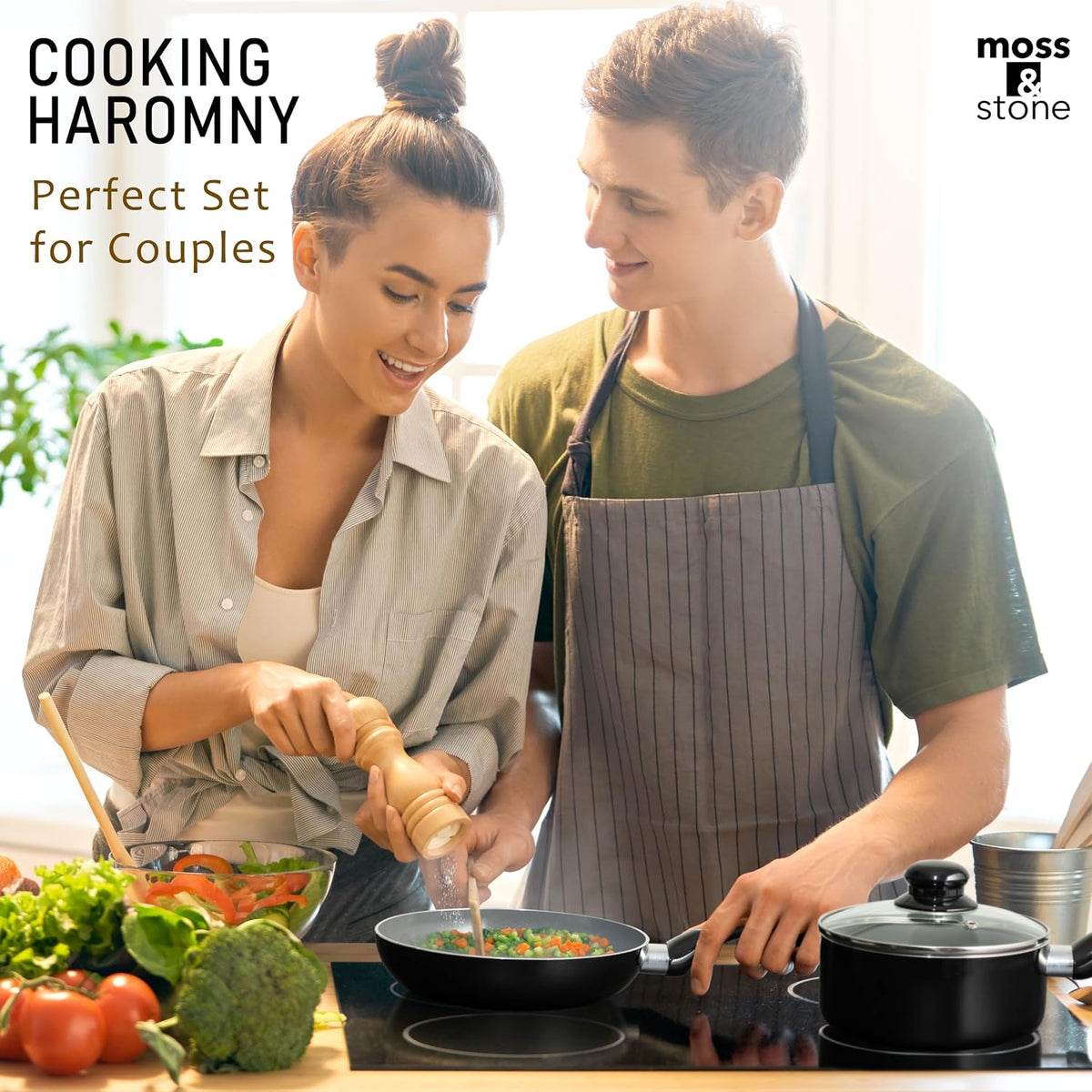 Moss & Stone 6 Pcs Black Nonstick Cookware Set, Pots And Pans Set Non stick With Glass Lid, Induction Cookware, Stay-Cool Handle PTFE/PFOA Kitchen Pots 6-Piece with Frying Pans & Saucepan
