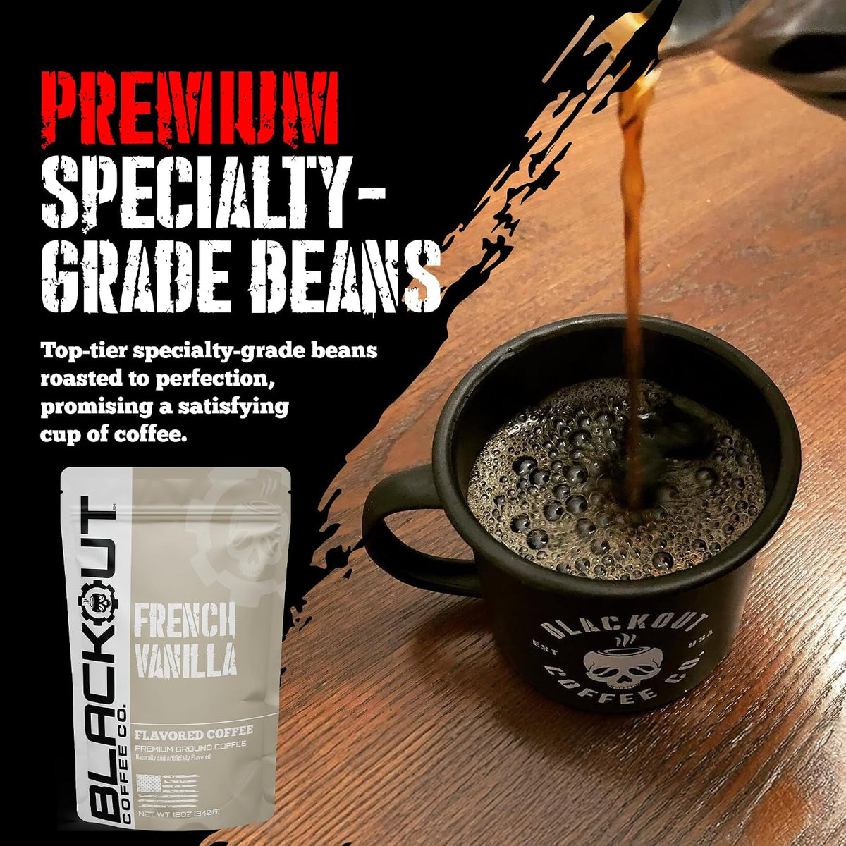 Blackout Coffee Ground Coffee – Freshly Roasted 12oz Bag. (French Vanilla, Medium Roast)
