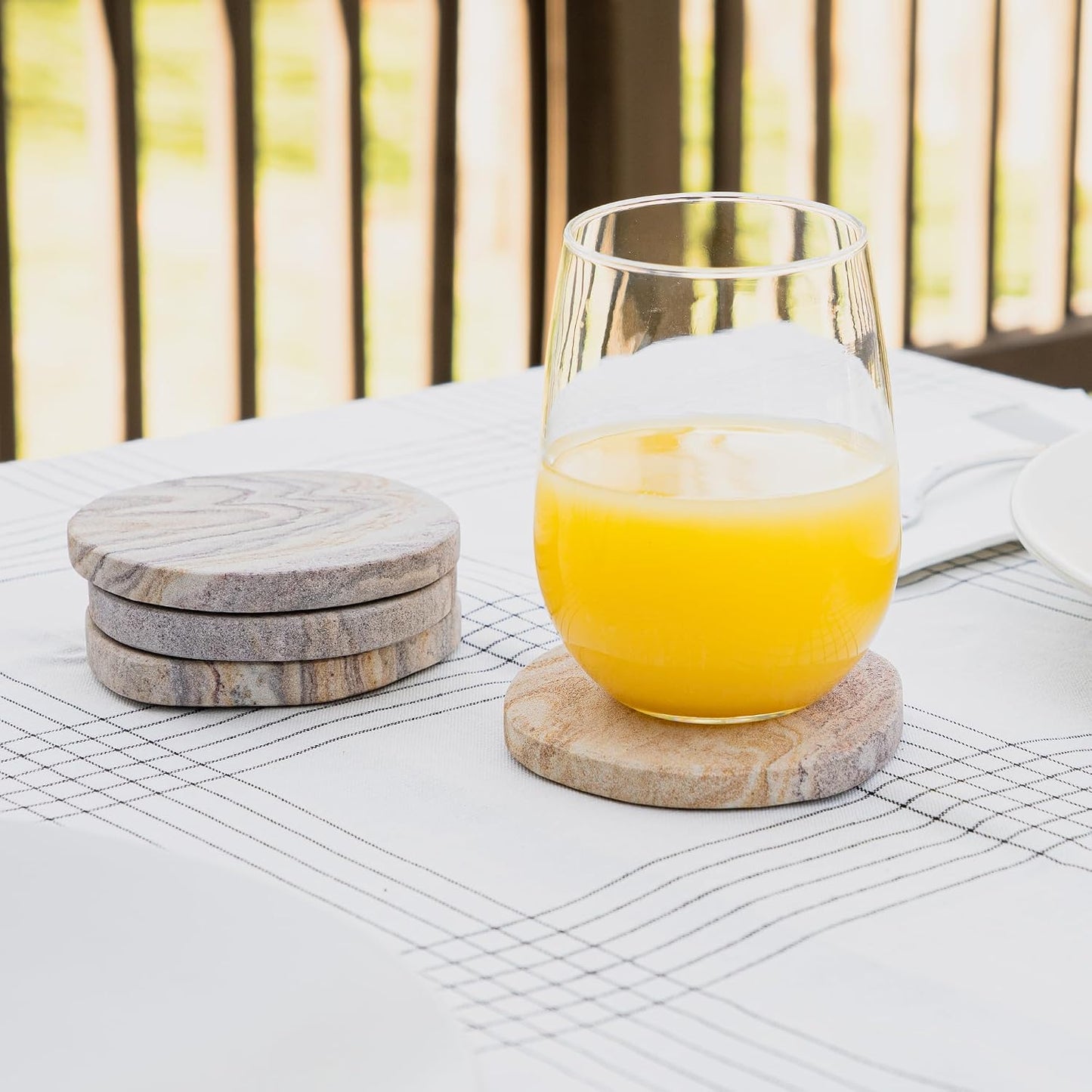 Cork &amp; Mill Absorbent Sandstone Coasters for Drinks, Set of 4 | Water Absorbing Natural Stone, 4 Inch Round with Irregular Edge, Ideal for Coffee Table, Outdoor, Bedroom Nightstand