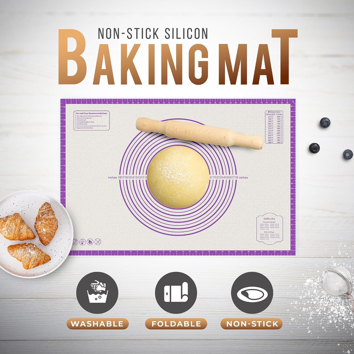 26 * 16 inches Purple, Non-Slip Silicone Baking Sheets - Baking Mat with 0.7mm Thickness - Non-Stick Pastry &amp; Cookie Mat for Kitchen Counter for Rolling Out Dough with Measurements.