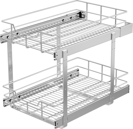 2 Tier Pull Out Cabinet Organizer 15" W X 22" D, Chromed, Full Slide Out