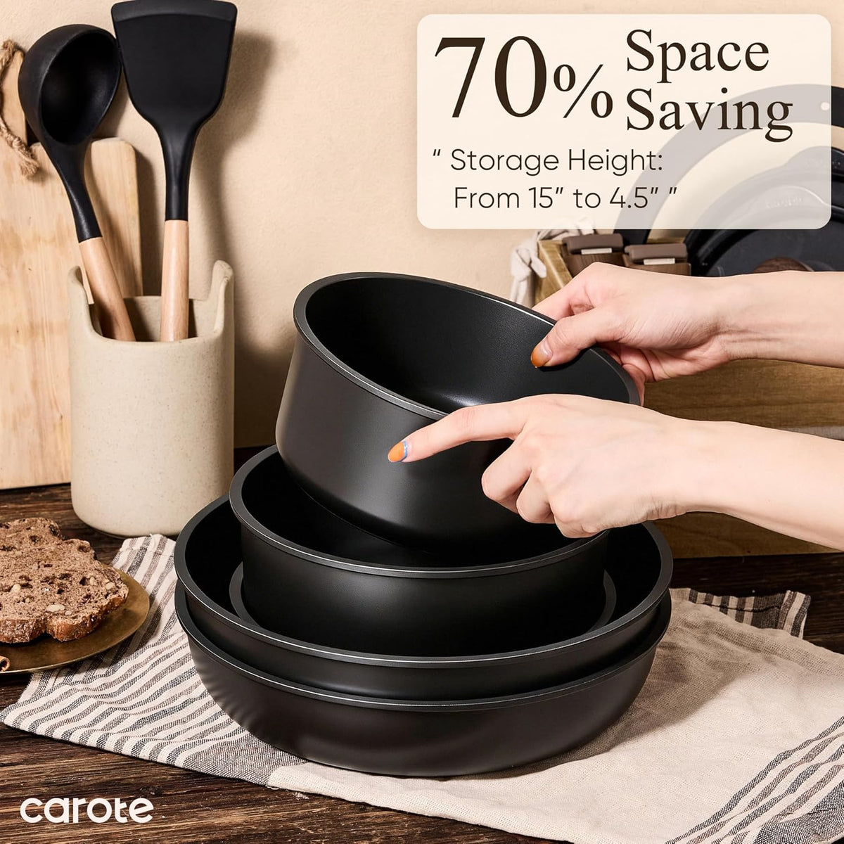 CAROTE 17pcs Pots and Pans Non Stick, Cookware Sets Detachable Handle, Induction Kitchen Pots and Pans,NonStick Cooking Set, Oven/Dishwasher/Fridge Safe, Space Saving