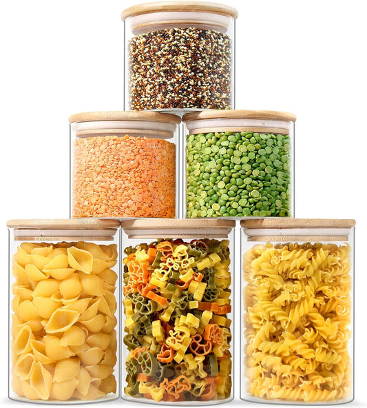 Urban Green Glass Jars with Airtight Lids, Airtight Glass Canisters with Locking Lids, (Bamboo-6P-24oz)