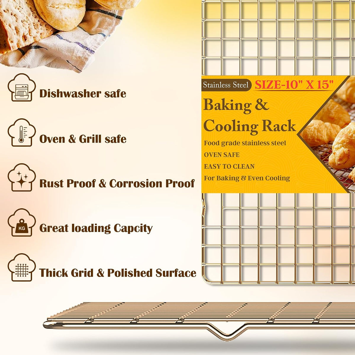 2 PCS Cooling Racks for Cooking and Baking, 10" x 15", Gold