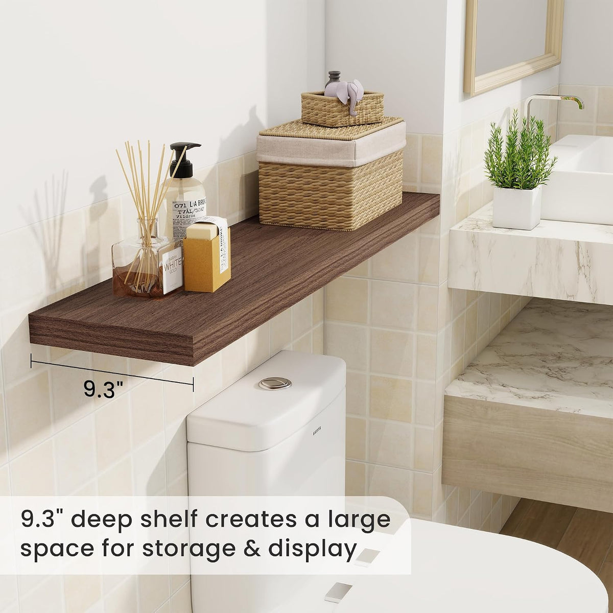 Fun Memories 40 Inch Walnut Floating Shelves, 9.3 Inch Deep Wall Shelves for Living Room|Bedroom|Kitchen, Rusitc Wall Mounted Bathroom Shelves 2 Pack, Heavy-Duty Deep Shelf for Books，Decor