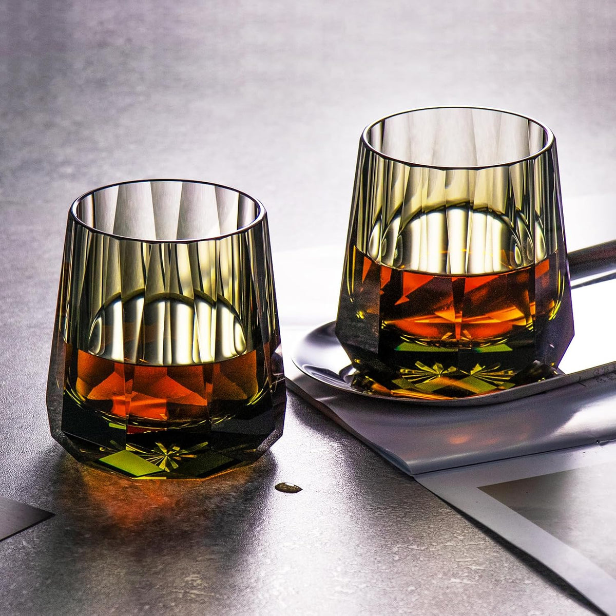 KAMMAK Crystal Whiskey Glasses Set of 2, Handcrafted 6.76oz Old Fashioned Glasses Stemless, Luxury Cocktail Glasses, Hand Blown Scotch Cup for Women, Men Gift for Rocks, Bourbon, Bar Barware