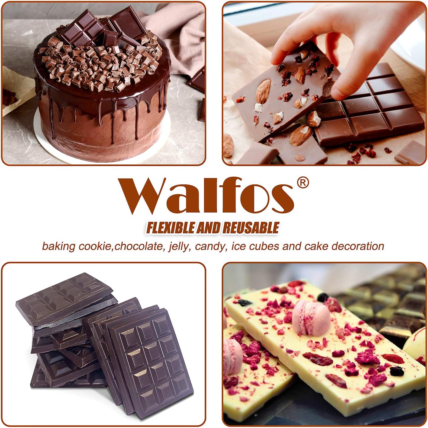 Walfos Break-Apart Chocolate Molds, Non-Stick Silicone Chocolate Bar Mold, Food Grade Candy Bar Mold, Perfect for Energy