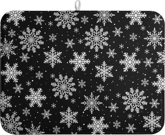 Winter Snowflake Black Dish Drying Mat Christma Snowflakes Large Kitchen Mats Dish Drying Pad Absorbent Dish Dryer Mat for