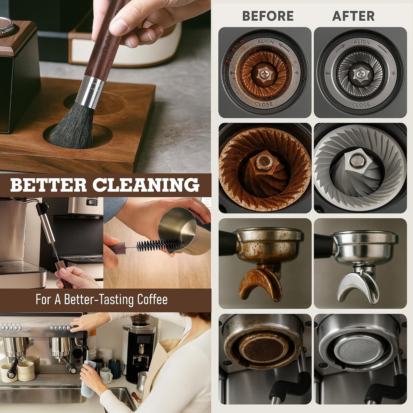 TAKAVU Coffee Grinder Cleaning Kit, 4pcs Boar Bristle Detail Brushes | Includes Grinder Brush, Detail Scrubber, Steam Wand Tools &amp; Microfiber Towel for Coffee Maker, Pour Over