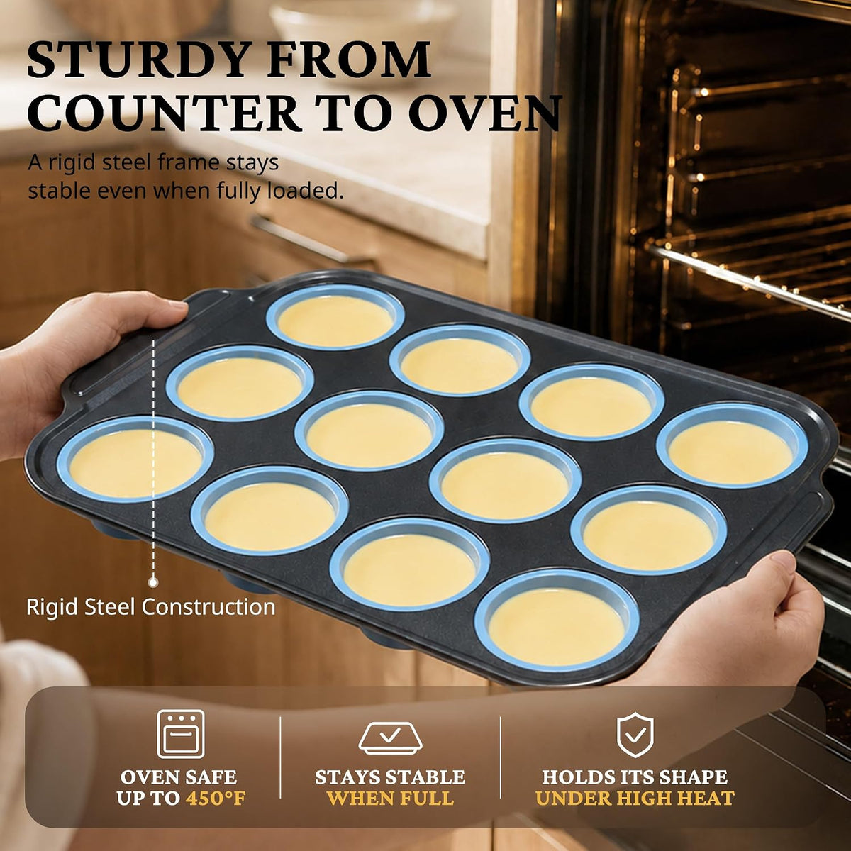 BRONYPRO Silicone Muffin Pans for Baking with Metal Frame