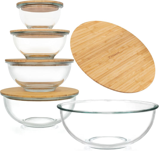 Stackable Space-Saving Set of 5 Nesting Glass Bowls with Bamboo Lids for Foodprep, Storage, Baking, Mixing & Cooking,