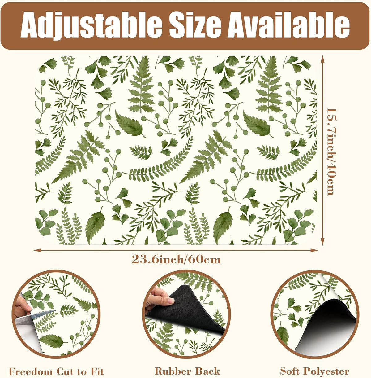 Green Leaf Coffee Mat Herb Dish Drying Mat for Kitchen Counter Hide Stain Rubber Backed Absorbent Coffee Bar Accessories Fit Under Espresso Machine, 15.7 x 23.6 Inch