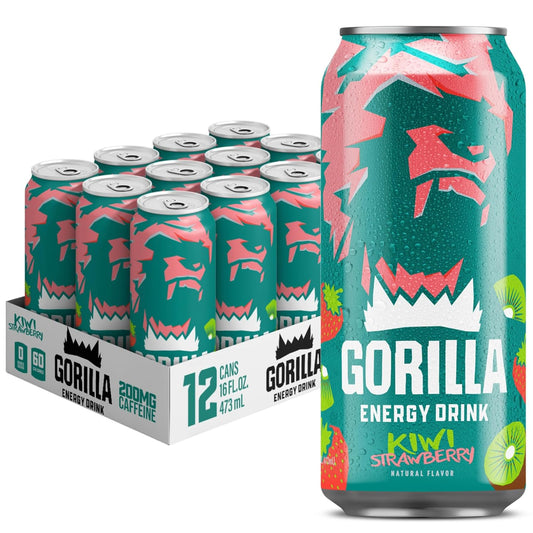 Gorilla Energy Drink, Kiwi Strawberry, 200mg Natural Caffeine, Real Fruit Juice Squeezed & Concentrated, L-Theanine,