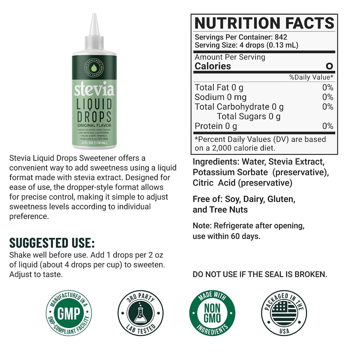 Liquid Stevia Drops, Stevia Extract Liquid Sweetener for Coffee, Tea, Beverages &amp; Recipes, Plant-Based, Non-GMO, Keto Friendly, 4 fl oz (118 mL), 1,684 Servings