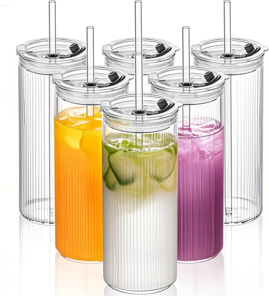 KEMORELA 6-Pack 18oz Ribbed Glass Cups with Lids & Straws – Round Textured Drinking Glasses for Iced Coffee, Bubble Tea,