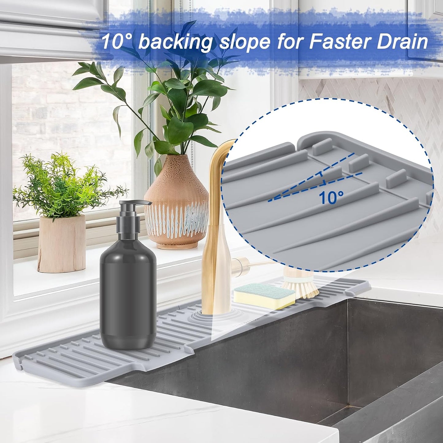 Amerner 20 inch Kitchen Sink Splash Guard, 10° Large Slope &amp; Adaptable Hole Faucet Mat for Kitchen Sink, Silicone Sink Organizer Sponge Holder for Kitchen, Bathroom, RV, Bar, 20” x 5.5”, Gray