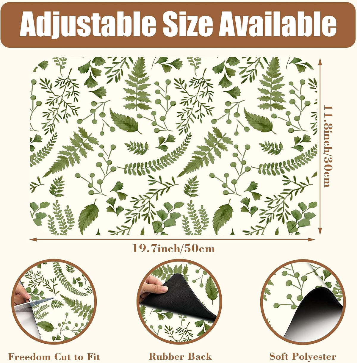 Green Leaf Coffee Mat Herb Dish Drying Mat for Kitchen Counter Hide Stain Rubber Backed Absorbent Coffee Bar Accessories Fit Under Espresso Machine Cafe Table, 11.8 x 19.7 Inch