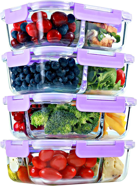 2 & 3 Compartment Glass Meal Prep Containers (4 Pack, 32 oz) - Glass Food Storage Containers with Lids, Bento Box, Portion