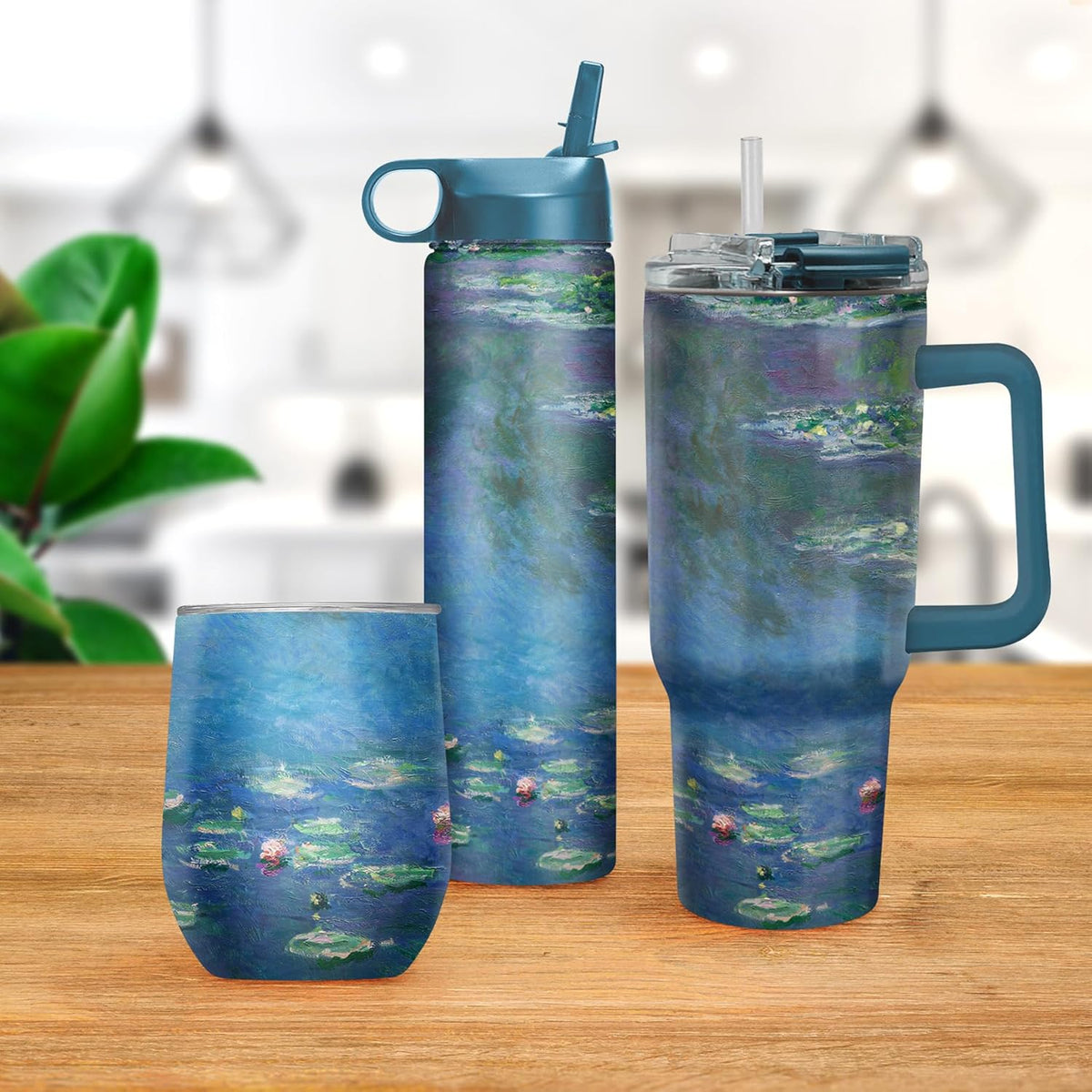 RainCaper 18/8 Stainless Steel Insulated Water Tumbler with Straw | 30oz, BPA-Free, Double Wall for Hot & Cold | Travel-Friendly, Cup Holder Ready (Monet Water Lilies)
