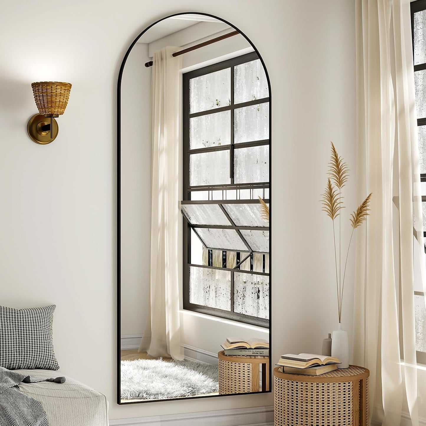 VooBang 24"x65" Black Arched Floor Full Length Dressing Body Mirror | Shatterproof Tempered Glass, Modern Minimalist Chic Room Decor, Standing Wall Mounted Leaning for Living Room, Bedroom