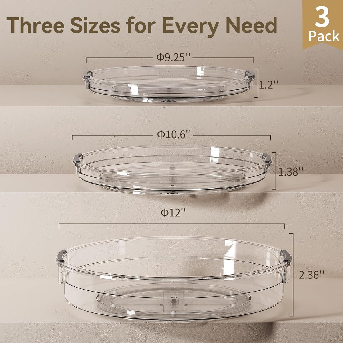 LAMU 3 Pack Lazy Susan Organizer Turntable for Cabinet, Rotating Condiment Organizer for Kitchen Pantry Organizers and Storage, Table Top, Fridge, Countertop, Spice Organization, 9.25'' 10.6'' 12''