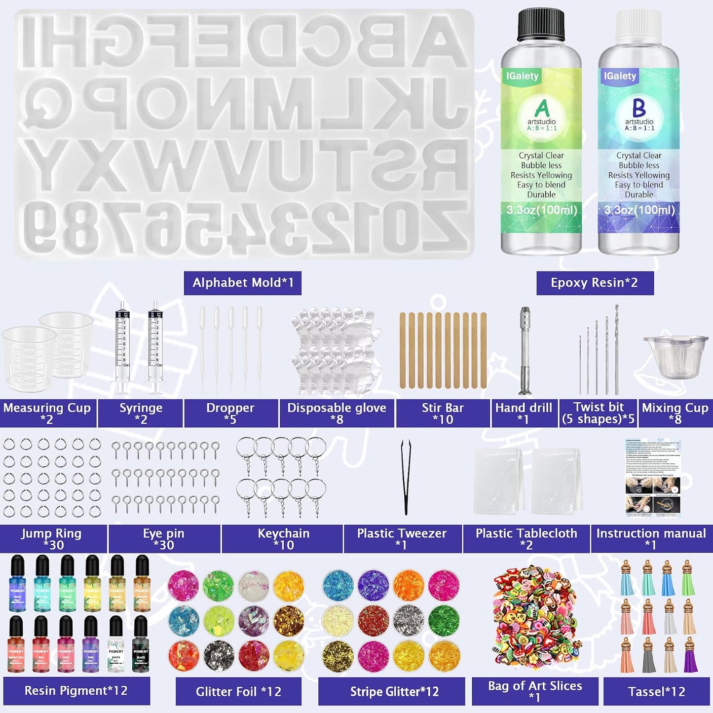 IGaitey Epoxy Kit with Reverse Alphabet Molds for Keychain Pendant | Beginner-Friendly Resin Kit with Backward Letter Molds, 169 Pcs Pigments &amp; Tools for Adult DIY Jewelry Casting