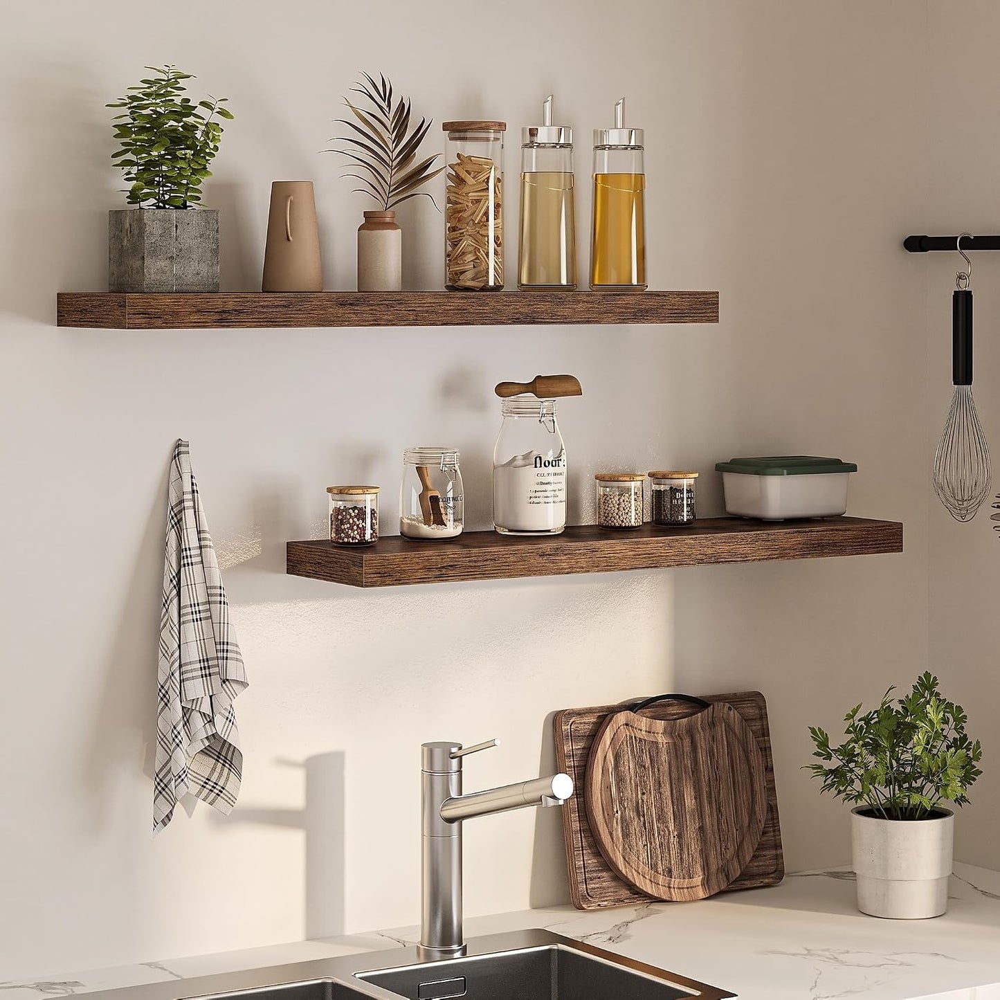 40" Floating Shelves for Wall, Wooden Wall Mounted Shelf, Set of 2, Brown
