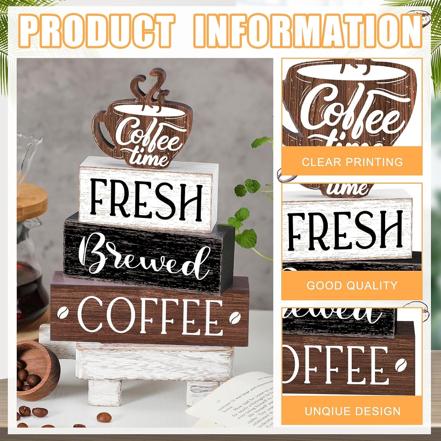 Cinnvoice 4 Pcs Coffee Bar Sign Accessories Wood Coffee Station Decorations | Coffee Time Fresh Brewed, Rustic Bar Sign Gift, Farmhouse Tiered Tray Table Centerpiece, for Counter Kitchen Shelf Tabletop