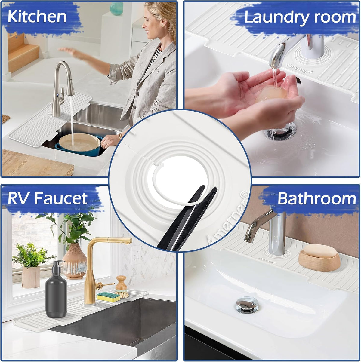 Kitchen Sink Splash Guard, 20IN Longer Silicone Faucet Guard &amp; Draining Mat, Bathroom and Kitchen Sink Organizer, Sink Faucet Mat Water Splash Guard Behind Faucet Accessories Gadget, 20” x 5.5”, White