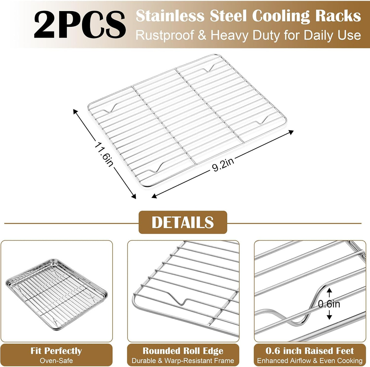 E-far Baking Sheet with Wire Rack (2 Pans + 2 Racks), Stainless Steel Cookie Sheets Pan &amp; Cooling Rack for Baking Cookies Cake, Non Toxic &amp; Heavy Duty, Oven &amp; Dishwasher Safe, 12.4 x 9.7 x 1 Inch