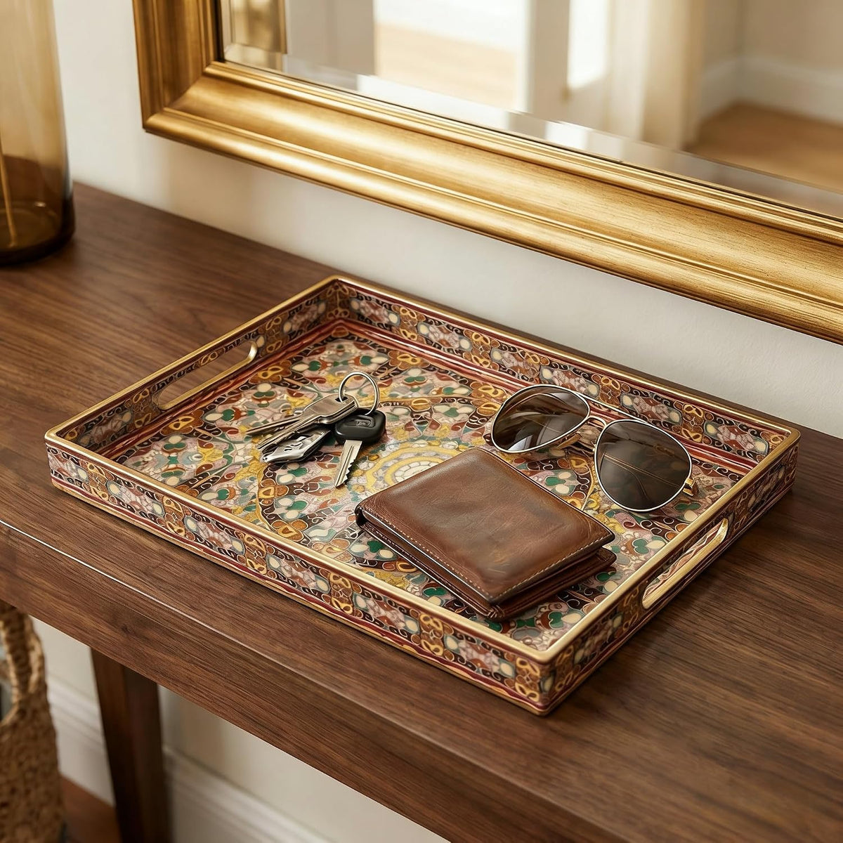 2pcs Boho Red Decorative Serving Tray, Modern Plastic Tray with Handles for Coffee Table, Living Room, Ottoman, Home Decor, Large, 15.7"*11.8"*1.6", Small 13.7"*9.8",