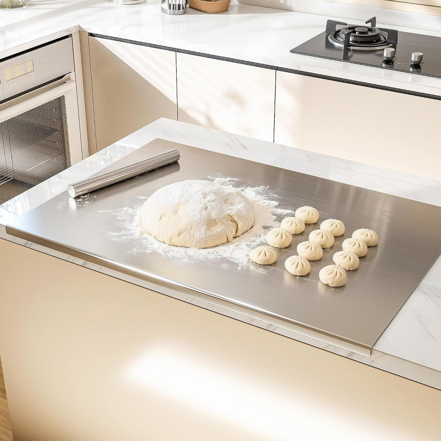 Nisorpa Stainless Steel Cutting Board with Lip Chopping Board 35.4"Lx19.7"W | Heavy-duty metal chopping board with rolling pin, pastry kneading dough board, safe rounded edges for baking prep, stove.