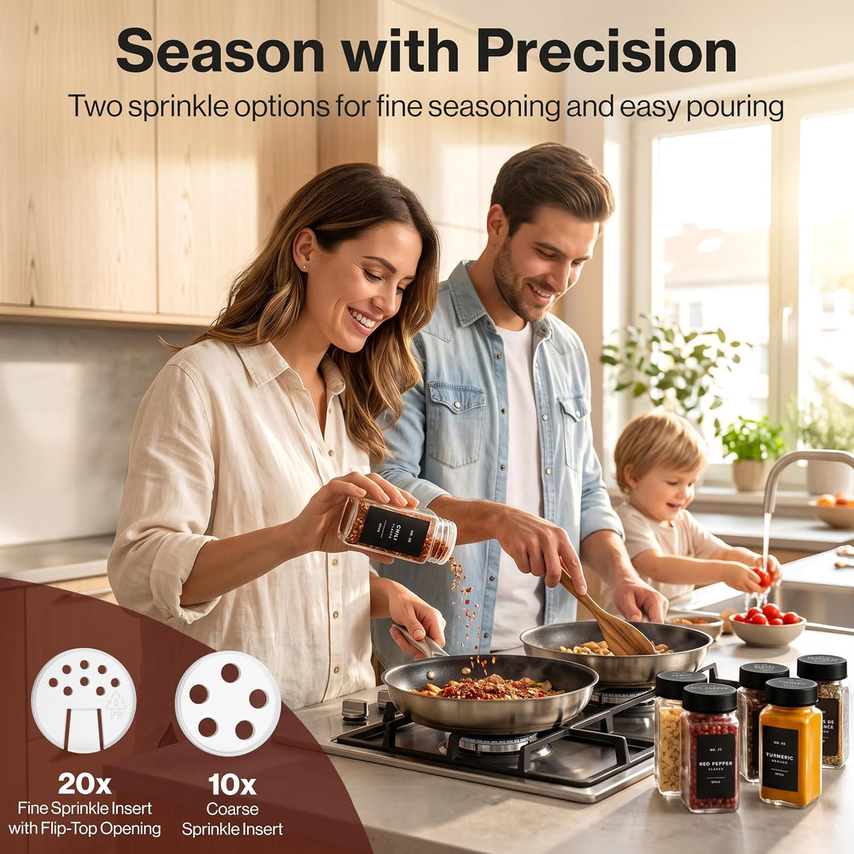 EDELHAUS Glass Spice Jars with Label, Seasoning Set, 24x Black Steel Lids