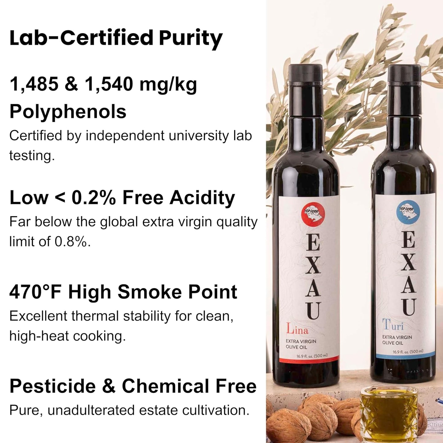 EXAU Due2 Italian Olive Oil Gift Set, Turi &amp; Lina EVOO, High Polyphenol 1540 &amp; 1485 mg/kg, Cold Pressed Early Harvest, Calabria Italy, 2 x 500ml (1L)