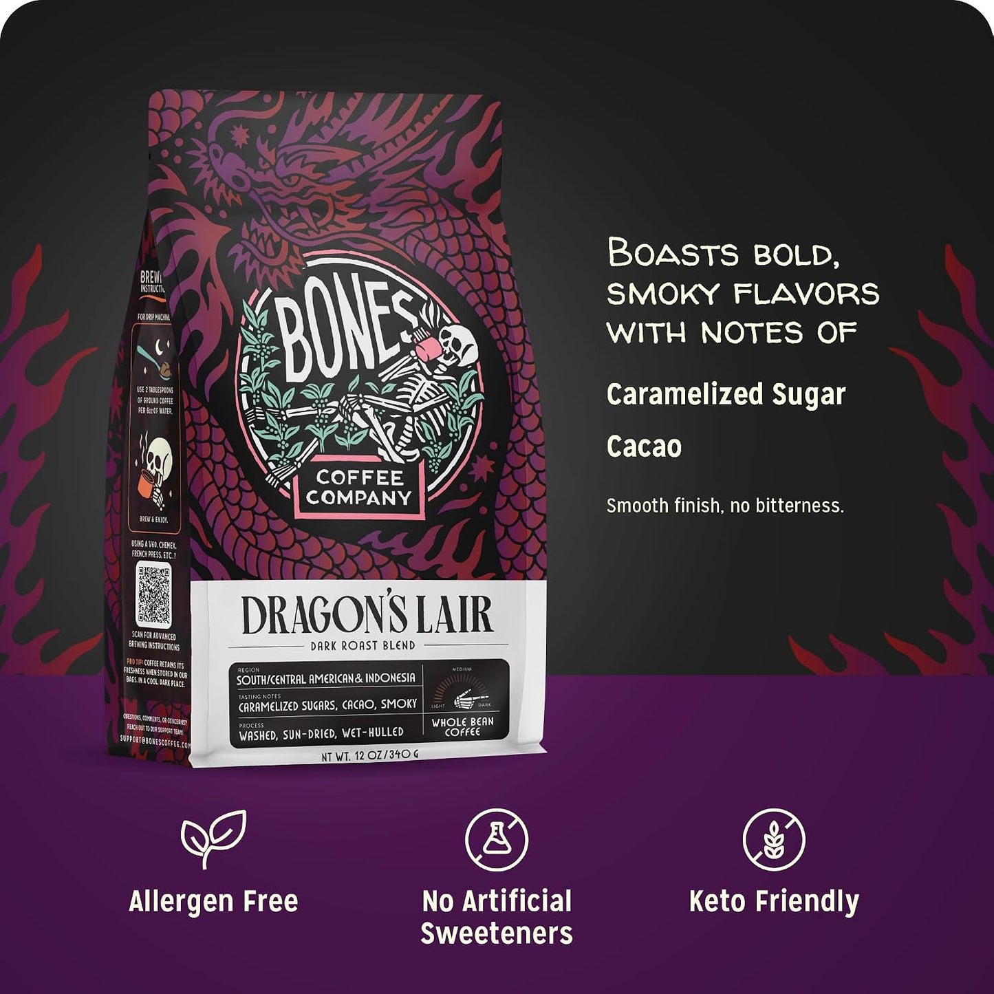 Bones Coffee Company Dragon's Lair - Dark Roast Coffee - Ground - Low-Acid Arabica Coffee Beans - South/Central America and Indonesia Grown - Unflavored - 12 Oz